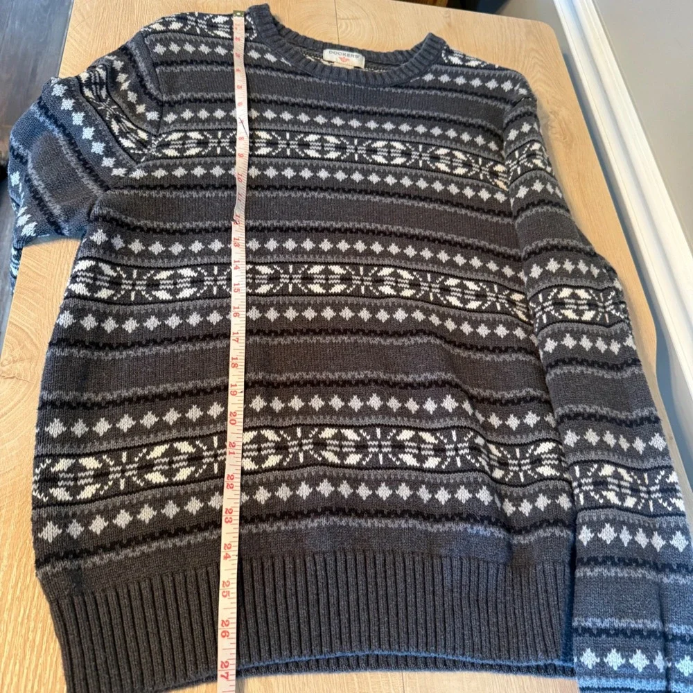 Dockers Mens Fair Isle Crewneck Sweater Gray‎ Black White Cotton Knit Large